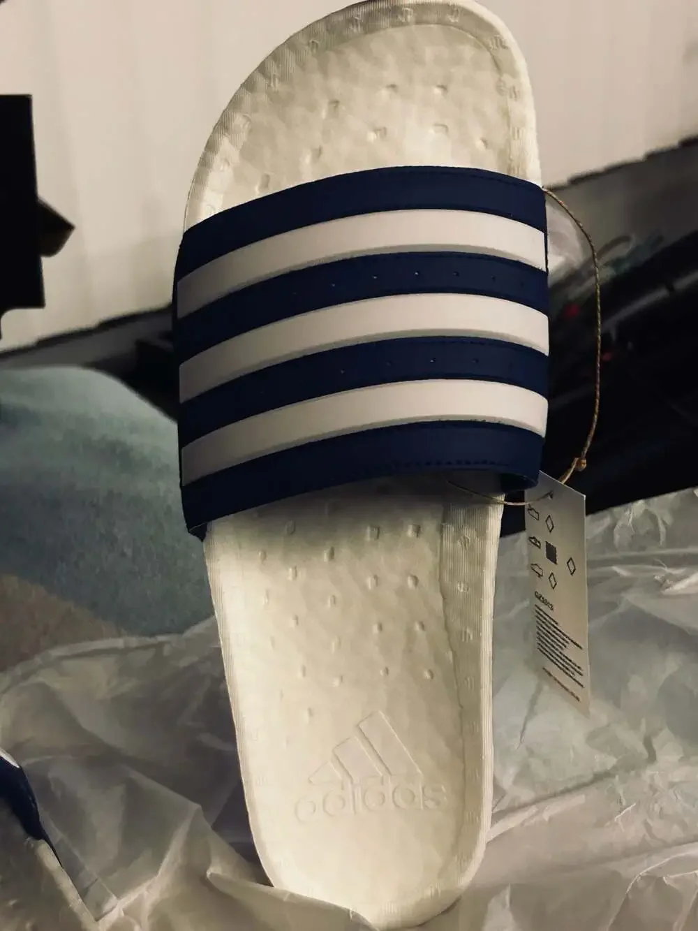 Adidas Adilette Boost Slides White and Blue Stripes